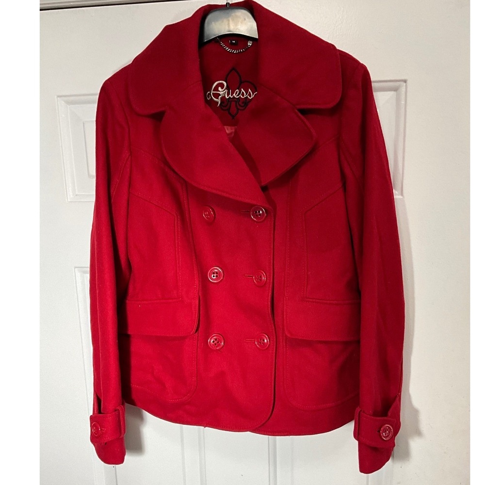 Guess Red Wool Blend Pea Coat Double Breasted Jacket Womens Medium RN54163